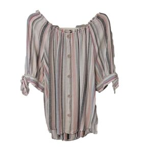 𝅺EST. 1948 Linen Blend‎ Barcode Stripe Short Tie Sleeve Button Front Top 18/20W